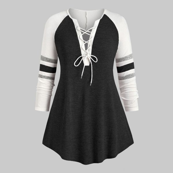 

plus size women blouse fall 2019 vrouw shirts fashion bandage v neck long sleeve patchwork striped print black white #g7