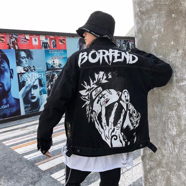 

hop denim fashion cartoon hip graffiti printed denim jacket casual jacket men jeans autumn streetwear coat characters size m-2xl miblc, Black