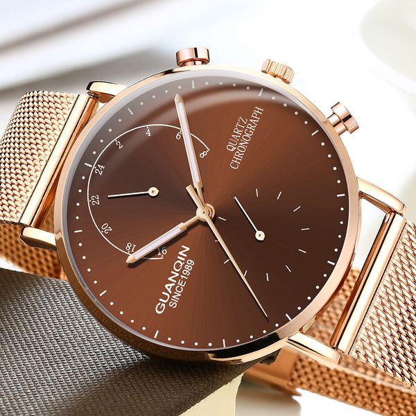 

mens watches guanqin brand chronograph luminous clock luxury men business creative mesh strap quartz watch relogio masculino, Slivery;brown