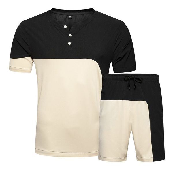 

european and american new summer two-piece suit irregular splicing button small neckline short sleeve casual sports shorts men, Gray