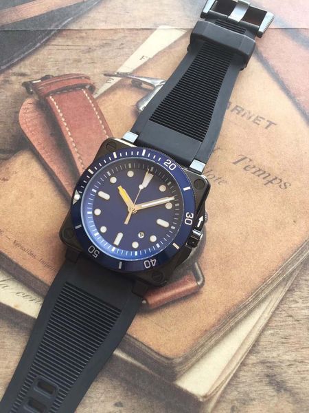 

square black case wristwatches outdoor br blue dial mens automatic mechanical watch aviation 46mm large men watches with rubber band, Slivery;brown