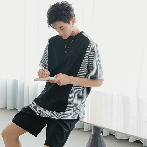 

ewq / men's wear short-sleeved summer new oversize t-shirt for male fashion 2020 new loose striped patchwork loose 9y3096, White;black