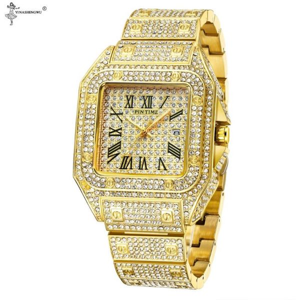 

hip hop iced out men watch square diamond quartz mens wrist watches gold roman calendar steel clock relogio masculino new242w, Slivery;brown