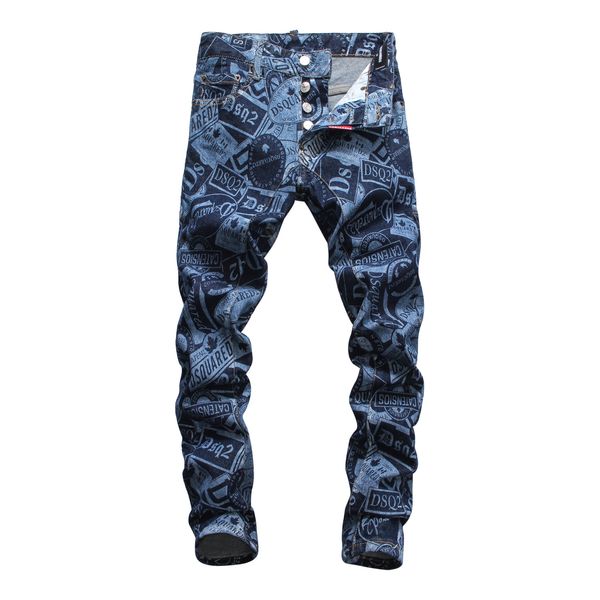 

men's washed luxury punk jeans designer men's fashion brand slim men's printed jeans motorcycle hand jeans, Blue