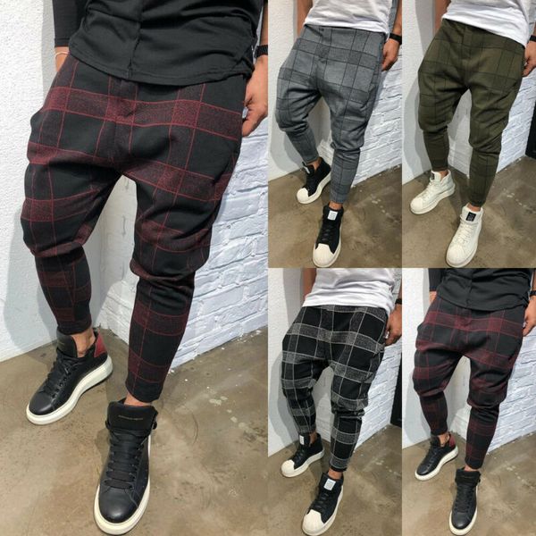 

men's slim fit urban straight leg trousers casual pencil jogger cargo pants plaid casual straight leg trousers pencil jogger, Black