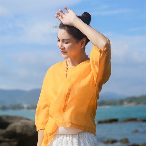 

хи хи ши художественного льна и хлопка лета женщин квадратный воротник тонкий рами семь рукав потерять футболку, White