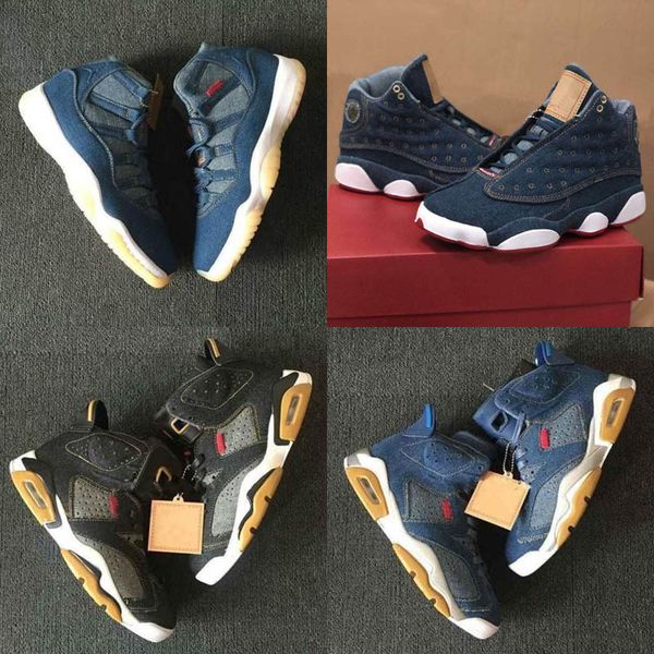 

2019 new jumpman 4 6 11 13 denim ls jeans travis all black basketball shoes men 4s blue jeans sneakers size 7-13