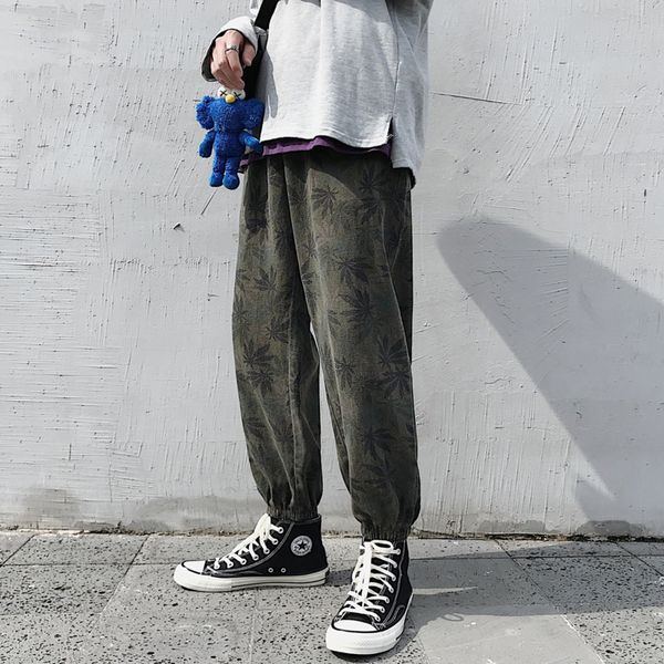 

spring harem pants men's fashion leaf print stretch waist casual pants men streetwear wild loose hip hop trousers mens m-2xl, Black