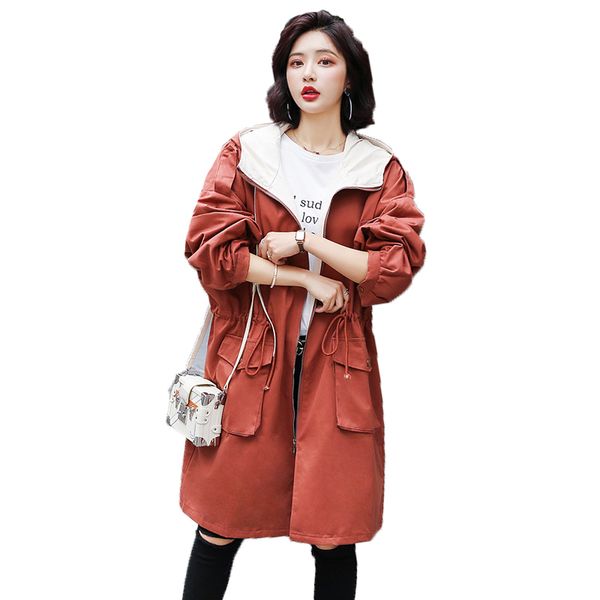 

overcoat women for spring autumn long sleeve hooded fashion loose trench 2019 new big size female solid wild joker casual coat, Tan;black