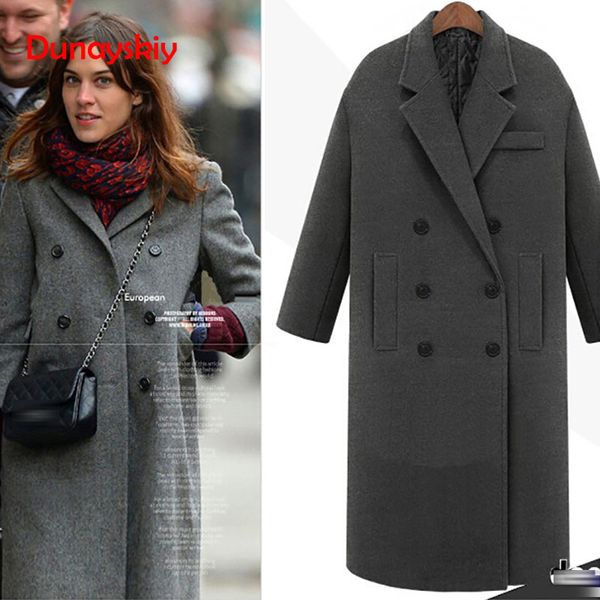 

autumn winter warm wool long coat casual double breasted christmas blazer outwear elegant v-neck women wool blends casual coat, Black