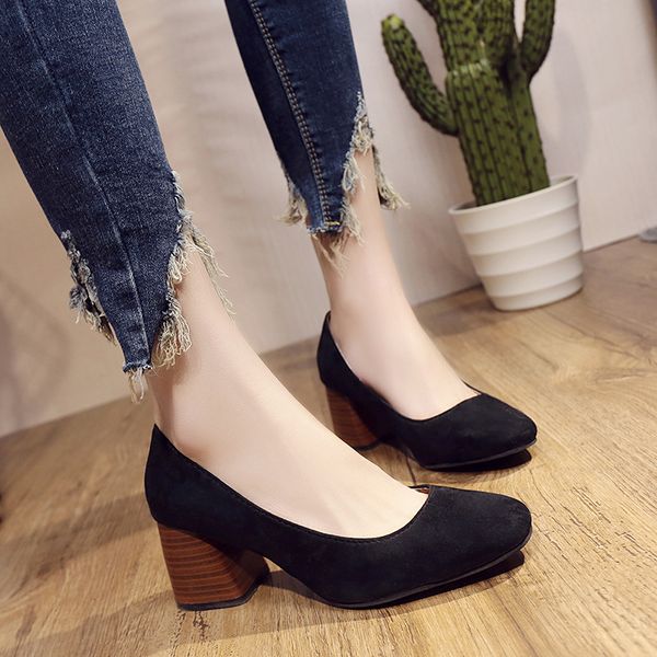 

shoes women's 2019 autumn new style korean-style retro work shoes low-cut chunky heel pointed women's suede work, Black