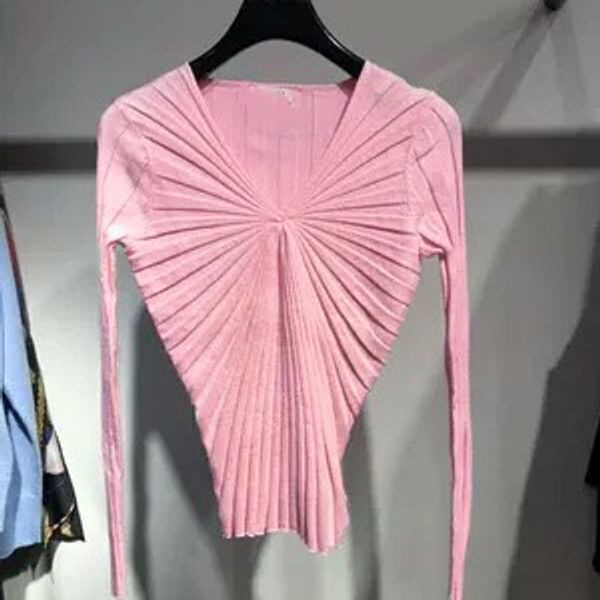 

2019 spring new v neck long sleeve pure pink color folding women slim sweater, White;black