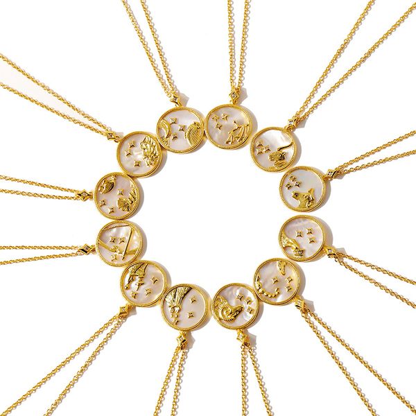 

round constellation shell pendant necklace for women ins popular gold color girls necklace graduated gift jewelry, Silver