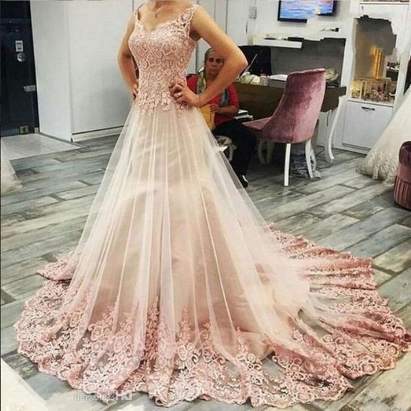 

2019 new fashion elegant evening dresses sleeveless pink lace appliques prom dresses tulle sweep train cocktail party gowns ing, Black;red