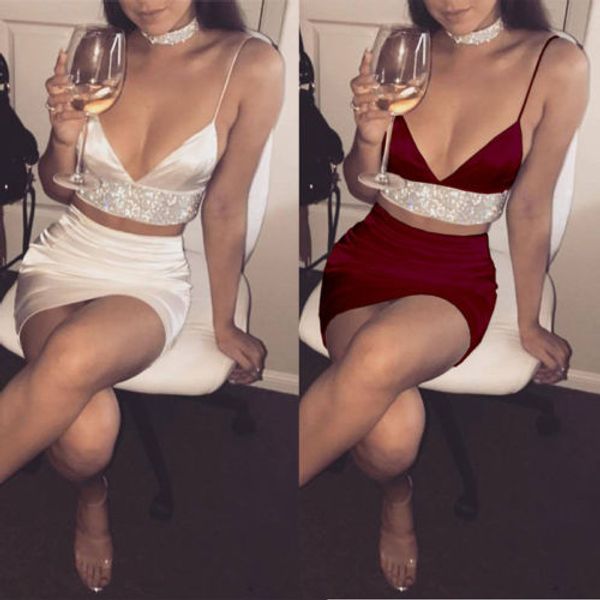 

стильные женские 2шт v-шея bodycon растениеводство топ и юбка установить сплит clubwear cooktail платья карандаш вечернее одежда наборы, White