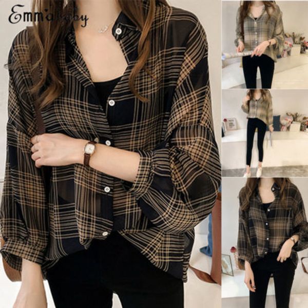 

uk women's chiffon shirt long sleeve plaid casual button ladies blouse plus size, White