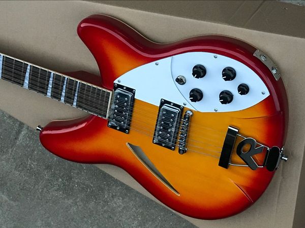 Seltene Fire Glo Cherry Sunburst 360 12-saitige E-Gitarre mit halbhohlem Korpus, dreieckiger Perleneinlage, runder Aussparung, 2 Ausgangsbuchsen, 5 Knöpfe