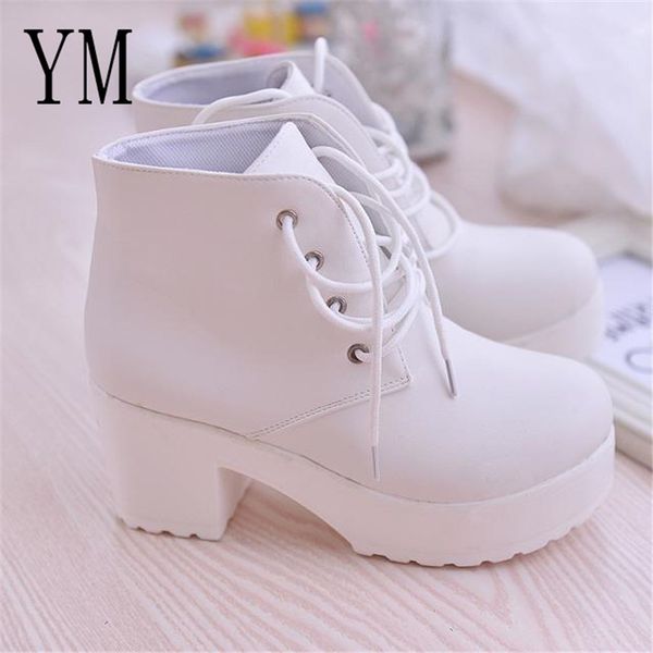 

2018 new boots women platform shoes lace up pu leater shoes white black women chunky heels woman 35-41