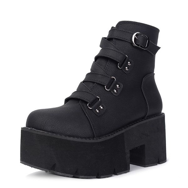 

bonjean spring autumn ankle boots women platform boots rubber sole buckle black leather pu high heels shoes woman comfortable