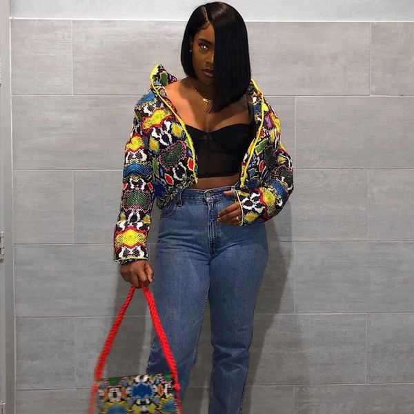 

взлетно-посадочная полоса красочный печати зимняя куртка утепленная женская одежда bubble bubble вниз пальто теплый толстые parka верхняя од, Black