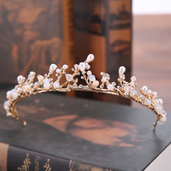 

handmade vintage gold bride tiaras pearl rhinestones wedding princess crowns bride hair jewelry wedding accessories, Golden;white