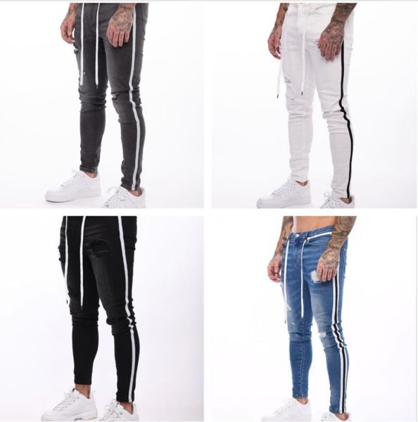 

mens new ripped jeans spring autumn fashion street striped pencil pants fashion jean, Blue