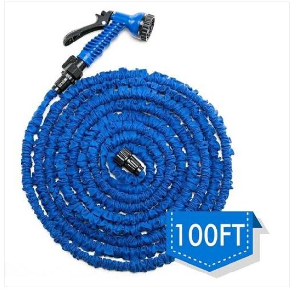 

latex 100 ft expanding flexible garden water hose with spray nozzle blue