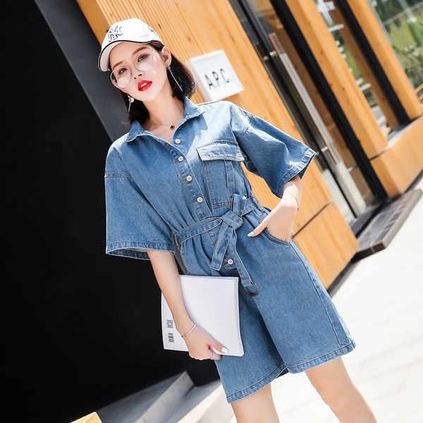 

girl jeans jumpsuit bandage short sleeve short denim playsuit women single-breasted belt romper loose casual overall plus size, Black;white