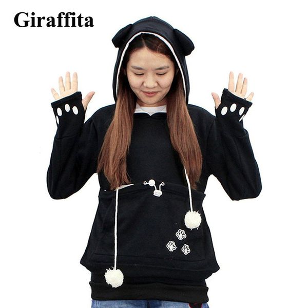 

kangaroo pullovers with ears sweatshirt giraffita cat lovers hoodies with cuddle pouch dog pet hoodies for casual drop shipping, Black