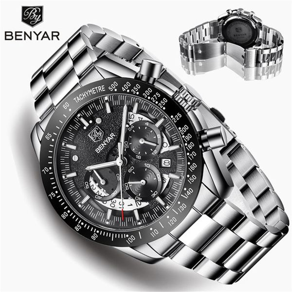 

benyar men's watches brand luxury watch quartz military wristwatches men clock chronograph business watch relogio masculino, Slivery;brown