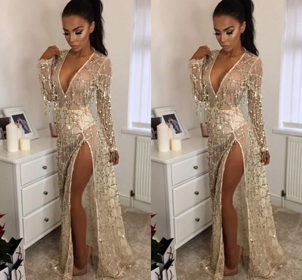 

Sexy Deep V Neck Mermaid Evening Gowns Deep V Neck Sexy Prom Dress Sequined Long Sleeve Evening Dresses robe de soiree Abendkleider