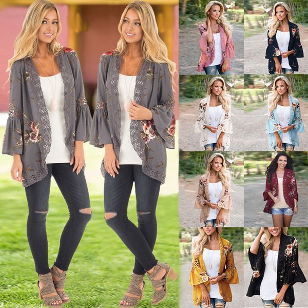 

women floral print loose shirts puff sleeve open front kimono cardigan lace patchwork cover up blouse, White