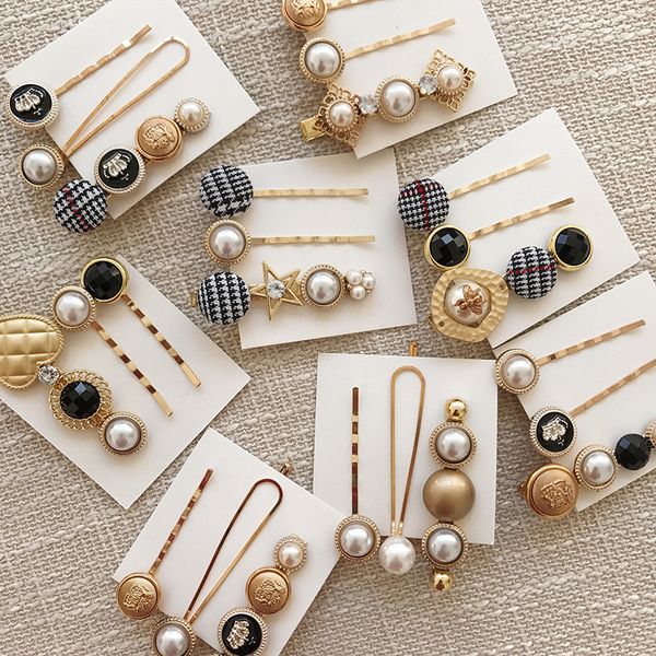 

new fashion clamps for women girls korea style simulated pearl black gemstone hair clips student hairpins hair jewelry, Golden;silver