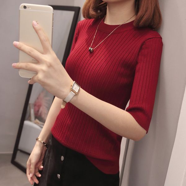 

new 2019 half sleeve cotton crewneck sweater female sleeve head shirt five solid tight sweater thin repair g623, White;black