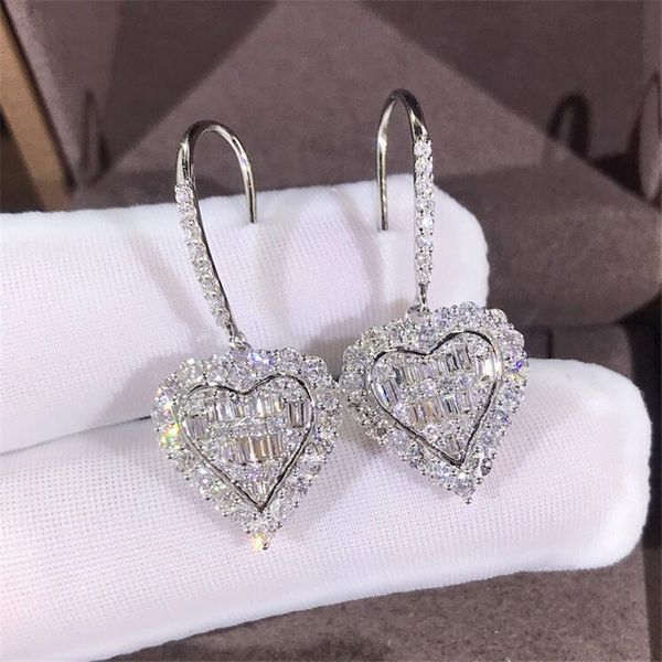 Ins Heißer Verkauf Bling Funkelnder Luxusschmuck 925 Sterling Silber Voller Weißer Saphir CZ Diamant Edelsteine Süßes Herz Haken Ohrhänger