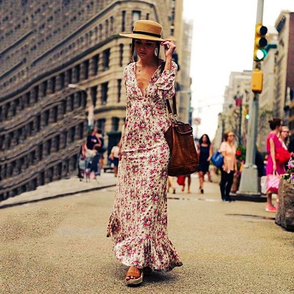 

women casual bohemian long sleeve cotton printed floral ruffled deep v-neck large swing long dress, Black;gray