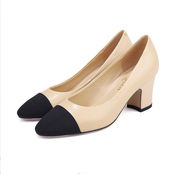 

nude shoes elegant style light coloured high-heeled shoes rough and classic apricot casual shoes ladies real leather, Black