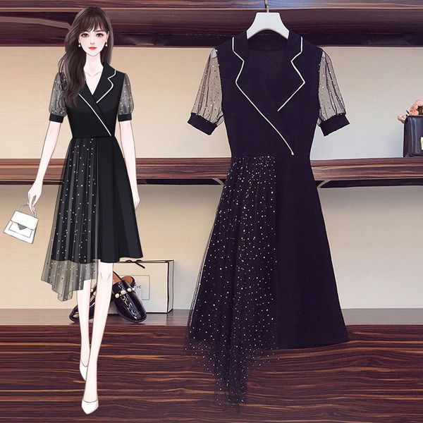 

vintage 90s elegant party black kint dress women large plus size bodycon mesh fashion dress polka dot 2020 summer big clothes, Black;gray