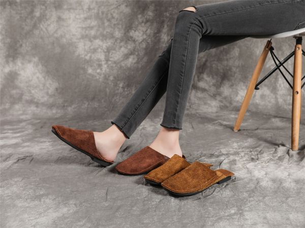 

suede leather women slippers round toe mules casual slip on shoes loafers khaki/coffee/wine-red, Black