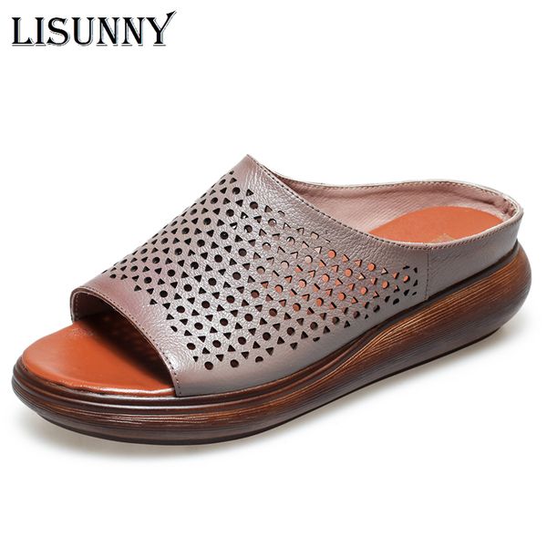 

lisunny summer women shoes wedges slippers platform sandals genuine leather handmade hollow out comfortable women slides, Black
