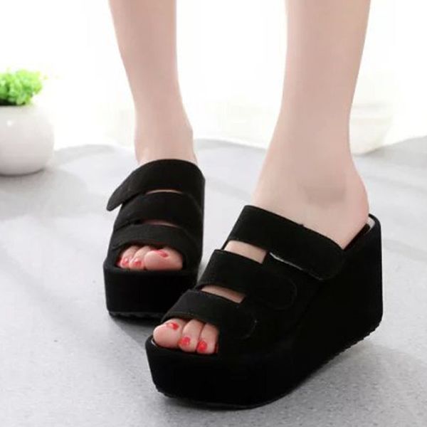 

hee grand 2019 new summer women solid slippers flock flats mujer causal slide outside wedges platform shoes size 35-39 xwt1517, Black