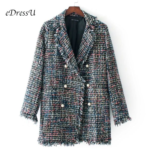 

women winter coat long plaids tweeds jacket wool blend overcoat double breast elegant british korean fashion jacket outwear hx, Black
