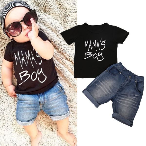 

summer toddler kid baby boy clothes mama boys t-shirt + denim short pants outfit set, White