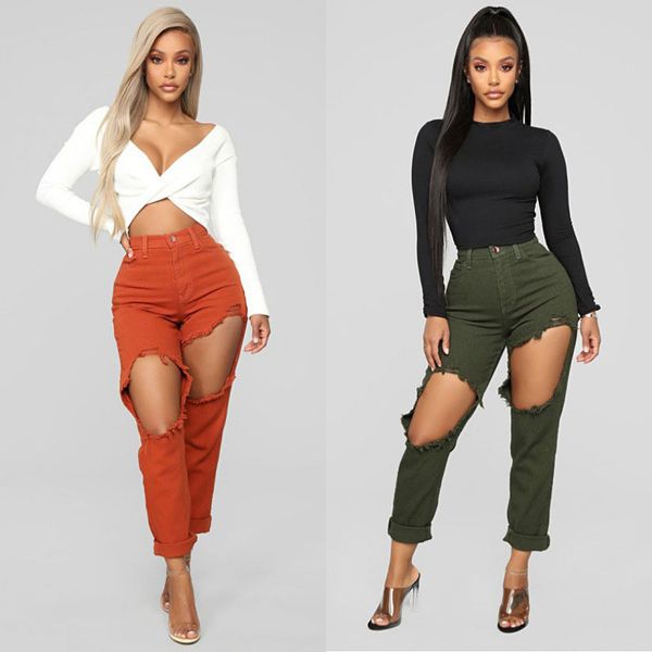 

women's jeans slim for women skinny high waist trousers denim hollow out cut straight pants hole plus size, Blue