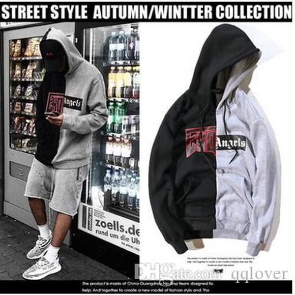 

fashion brand hi-street double color patchwork hoodies letter printed fleece hooded hoodies for man women winter creative design sweatshirts, Black
