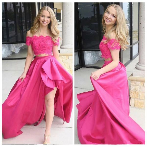 

off-the-shoulder fuchsia junior prom dresses with sleeves lace satin high low two piece prom dress beaded prom gowns, Black