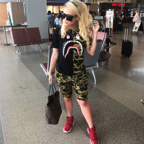 

Sharks Mouth Print Womens Tracksuit Panelled Short Sleeve Two Piece Outfits Casual Female Clothing