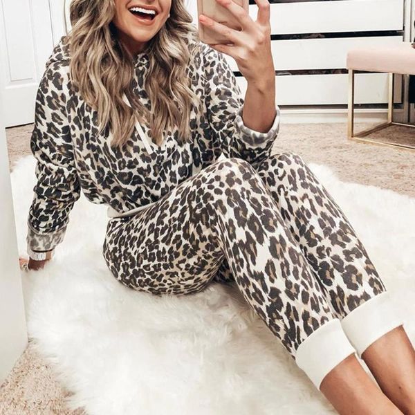 

2020 new leopard print women tracksuit set autumn and winter new long-sleeved printed zipper sweater trousers suit, White