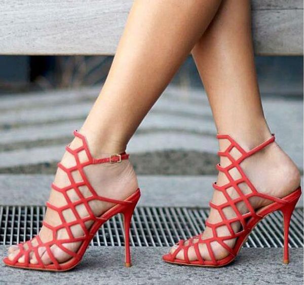 

dipsloot woman laser stiletto heel hollow out cage sandals black red nude suede party high heel dress sandals shoes