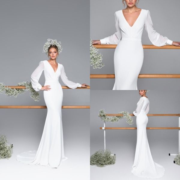 

eva lendel 2020 mermaid wedding dresses long sleeves western modest v neck bridal gowns plus size wedding dress, White